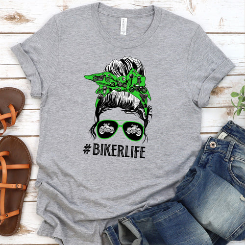 Lime Green Biker Life Messy Bun Tee